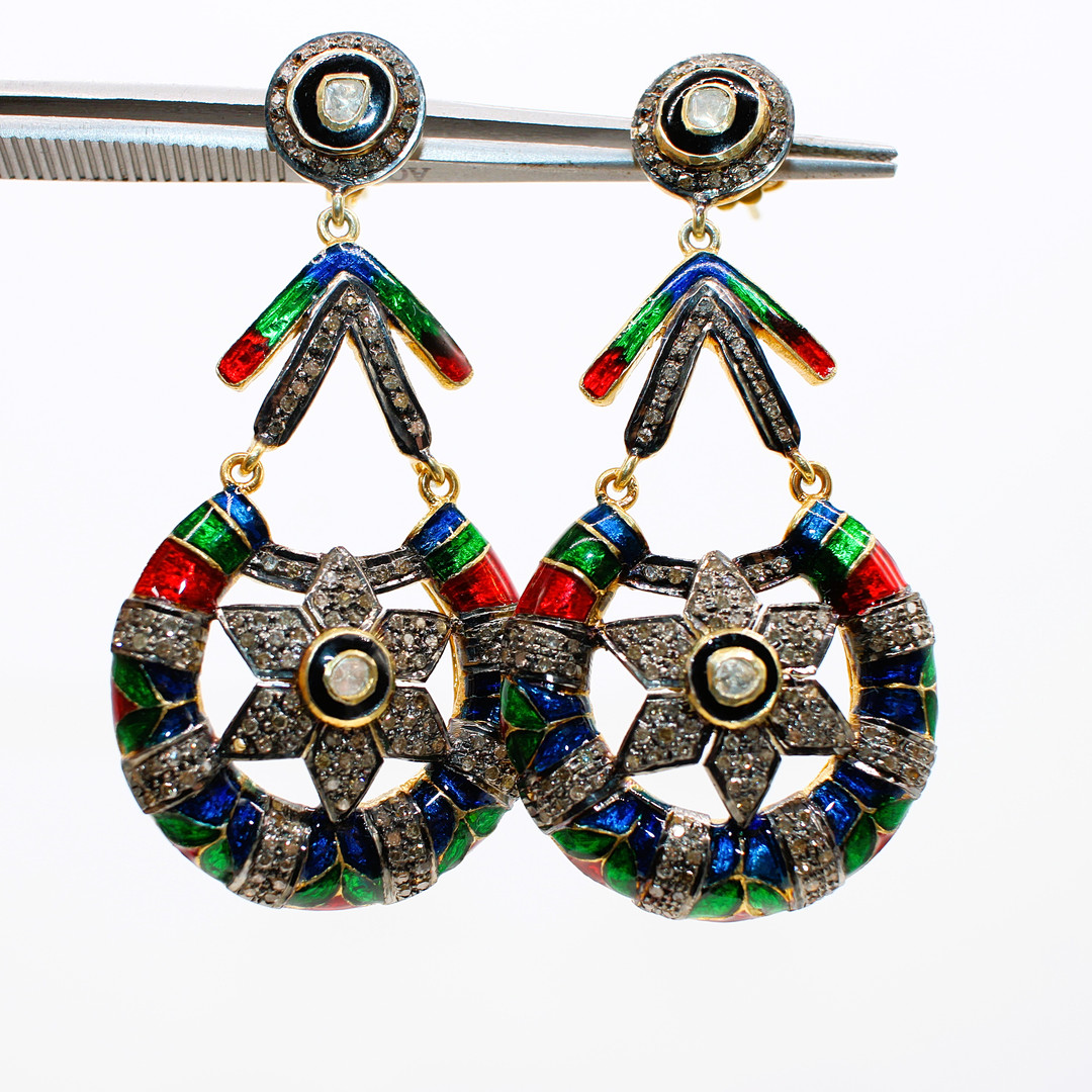 LARGE DIAMOND & ENAMEL DROP EARRINGS.