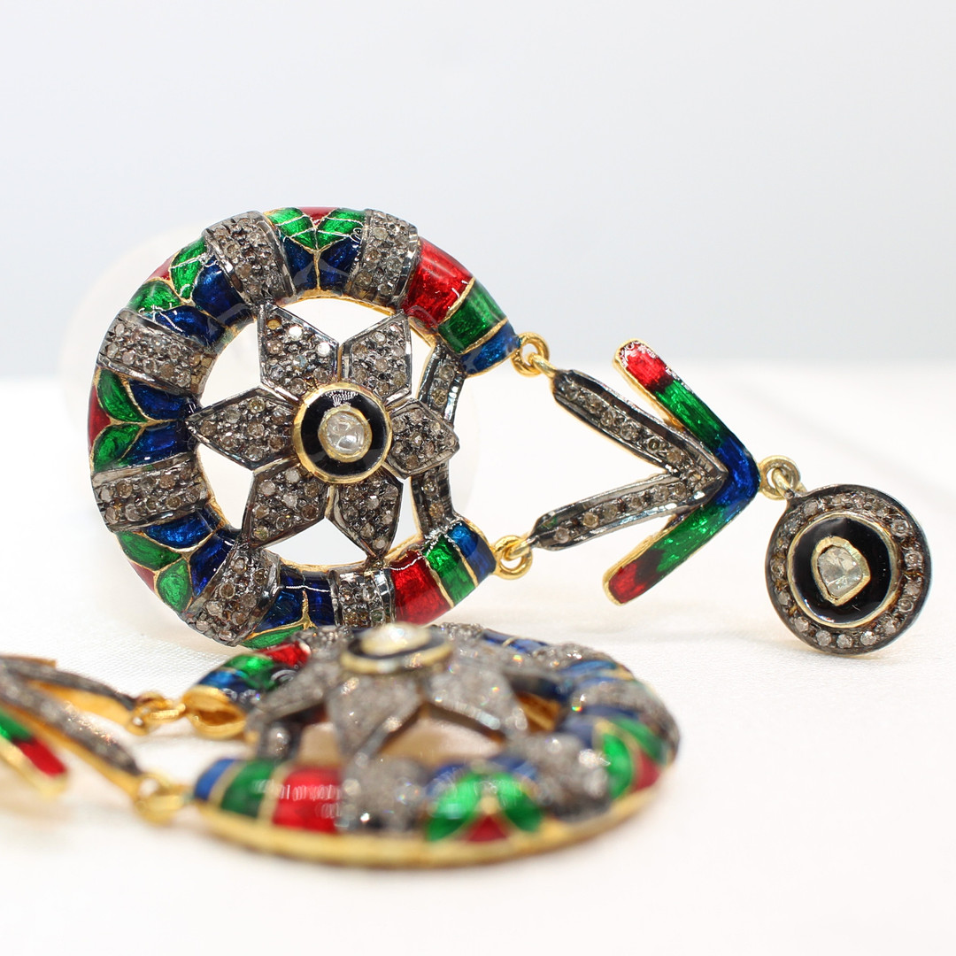 LARGE DIAMOND & ENAMEL DROP EARRINGS.