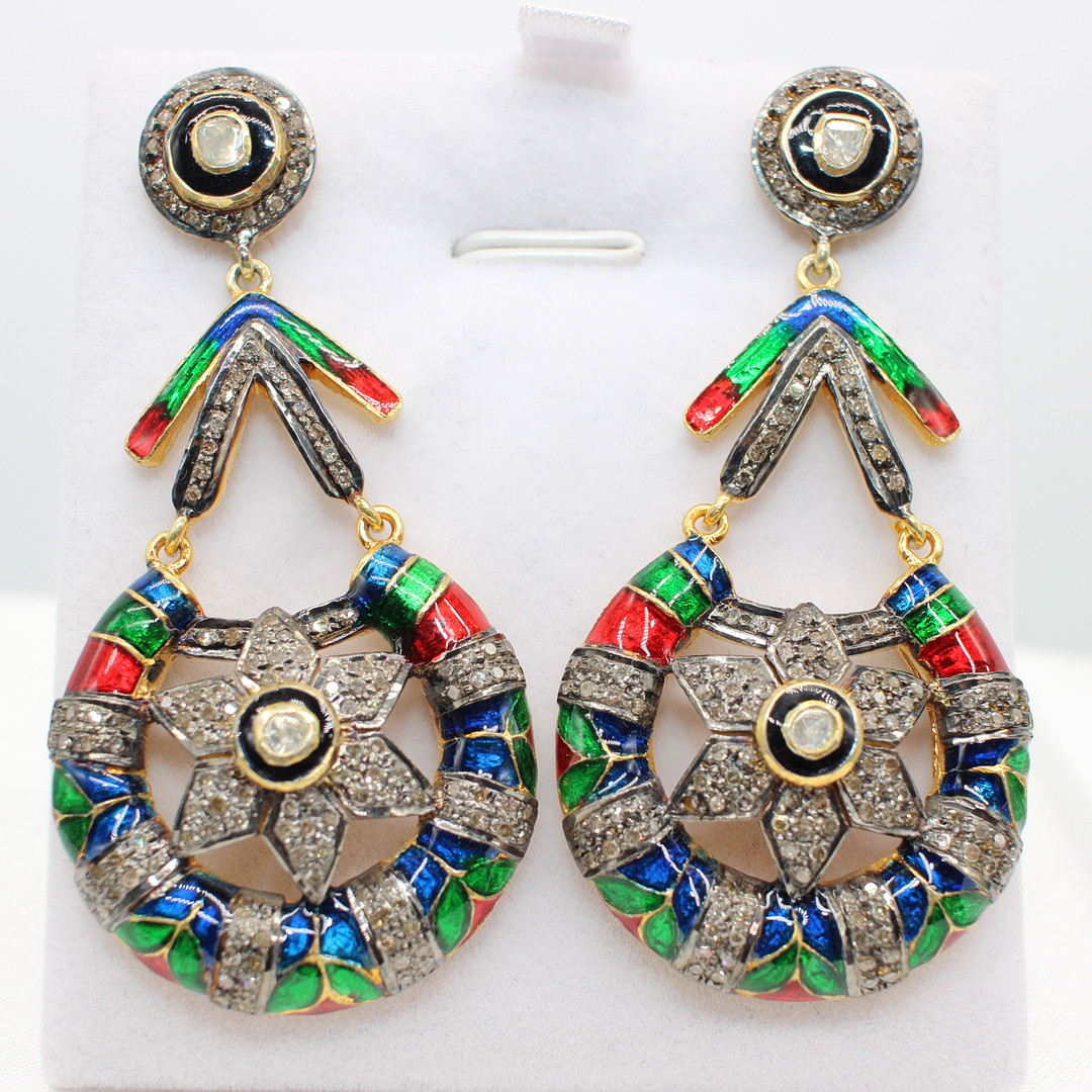 LARGE DIAMOND & ENAMEL DROP EARRINGS.