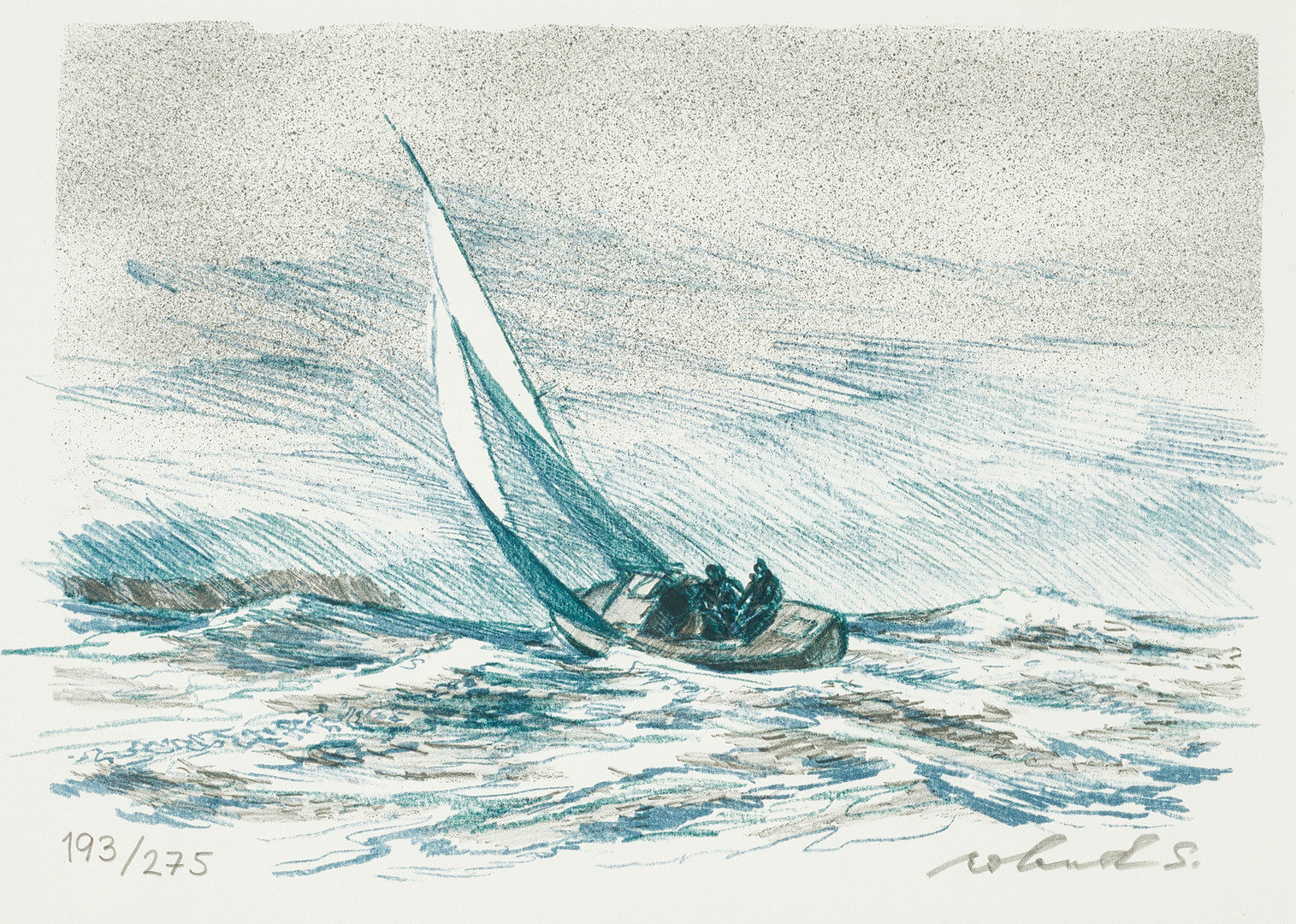 ROLAND SVENSSON (1910-2003). ”God vind”, signerad och numrerad roland S. 193/275, färglitografi.