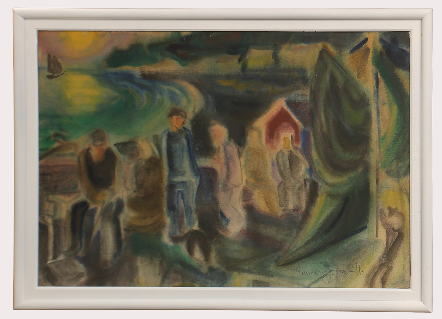 GUNNAR JONN. Pastell , samtalande människor vid kusten, signerad, daterad 1946.