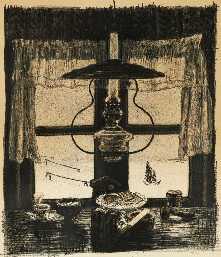 ROLAND SVENSSON (1910-2003). "Söndagsmorgon i Everts kök, Möja", signerad och numrerad roland S. med dedikation, 10/100, litografi.