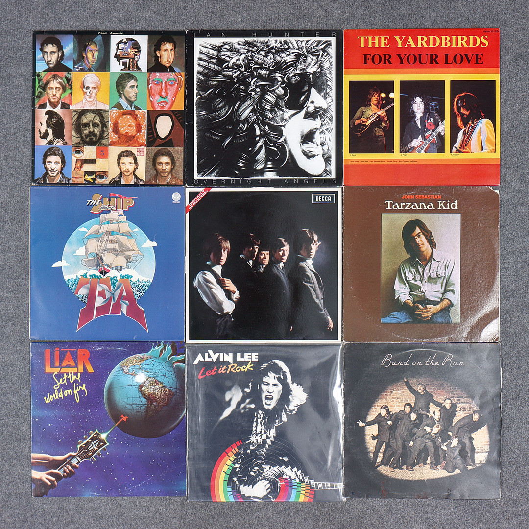 9 LP-SKIVOR, THE ROLLING STONES, THE WHO, BAND ON THE RUN, ALVIN LEE, LIAR, JOHN SEBASTIAN, TEA, THE YARDBIRDS, IAN HUNTER.