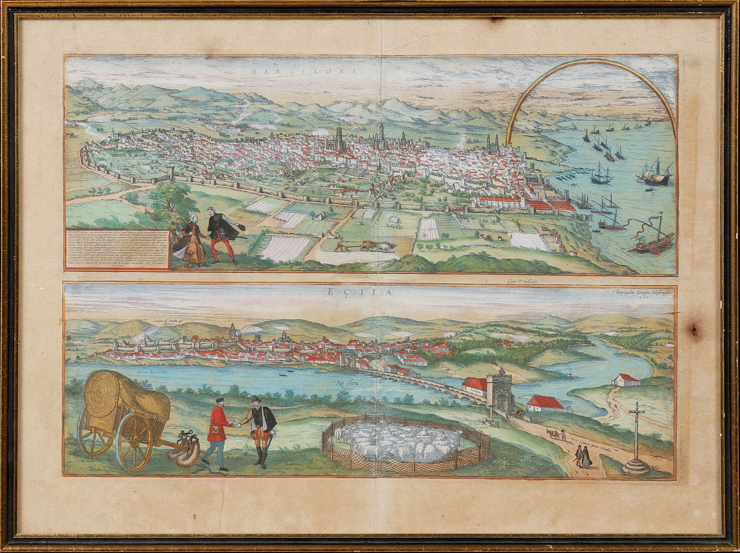 KARTA, handkolorerad, över Barcelona och Ecija. Georgis Hoefnagle.