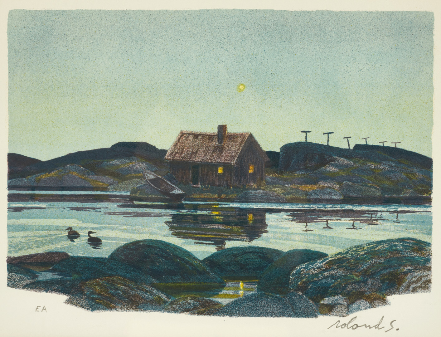 ROLAND SVENSSON (1910-2003). "Vårkväll Gillöga", ur mappen Årstiderna i Skärgården, signerad roland S., EA, färglitografi.