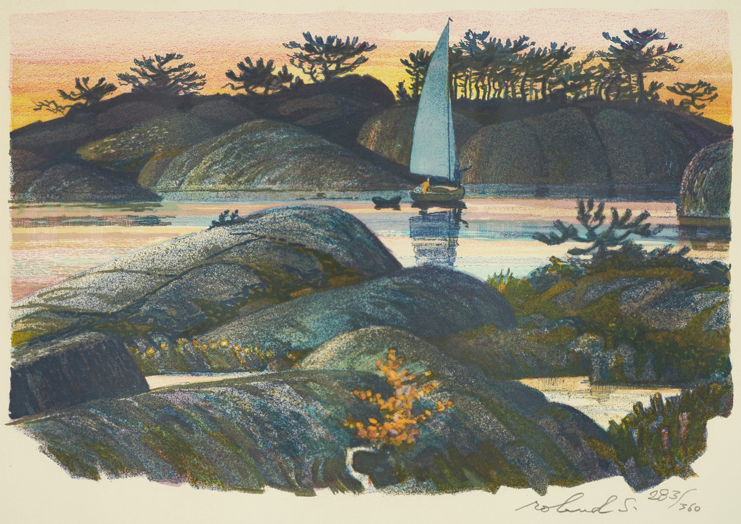 ROLAND SVENSSON (1910-2003). "Blankt sund och natthamn", signerad och numrerad roland S. 283/360, färglitografi.