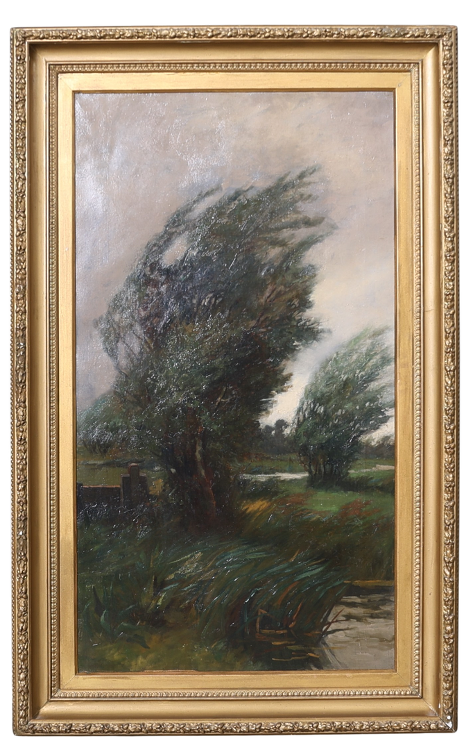 OKÄND KONSTNÄR. Olja på duk, vindpinat landskap, 18/1900-tal.