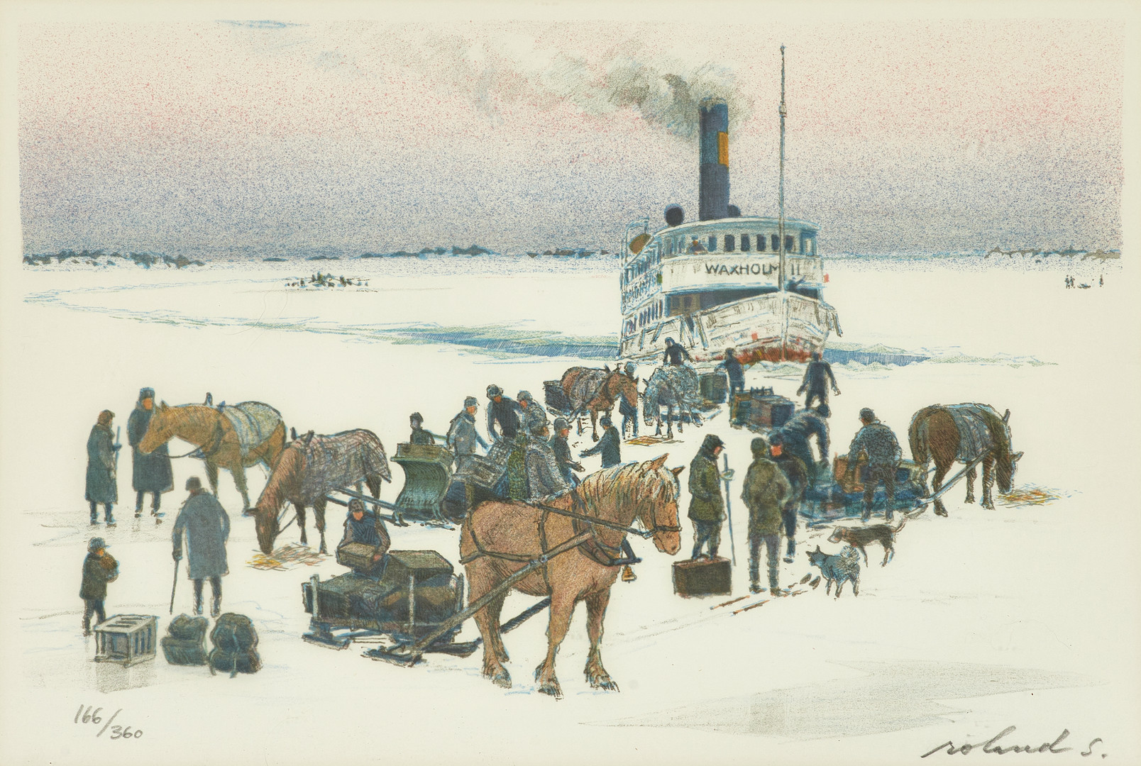 ROLAND SVENSSON (1910-2003). "Möte på isen", ur mappen Den Gamla Ångbåten, signerad och numrerad roland S 166/360, färglitografi.