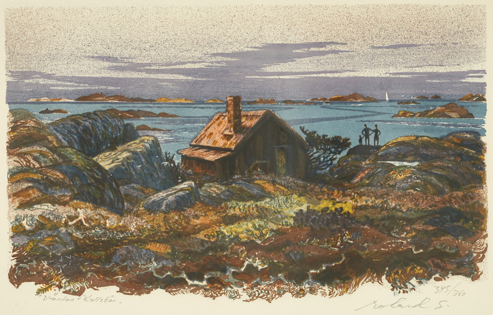 ROLAND SVENSSON (1910-2003). "Väntan - Kallskär", signerad och numrerad roland S., 345/360, färglitografi.