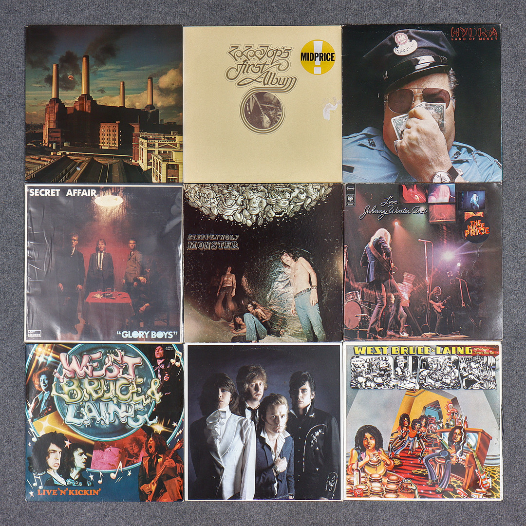 9 LP-SKIVOR, PINK FLOYD, ZZ TOP, PRETENDERS, WEST BRUCE & LAING, JOHNNY WINTER, STEPPENWOLF, SECRET AFFAIR, HYDRA.