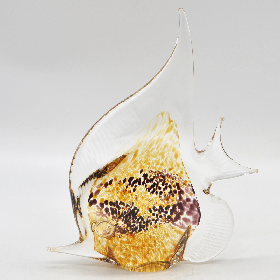 MURANO GLAS SKULPTUR, FISCH, MEHRFACHES STUDIOGLAS, MARMORIERT, ITALIEN, UM 1950.