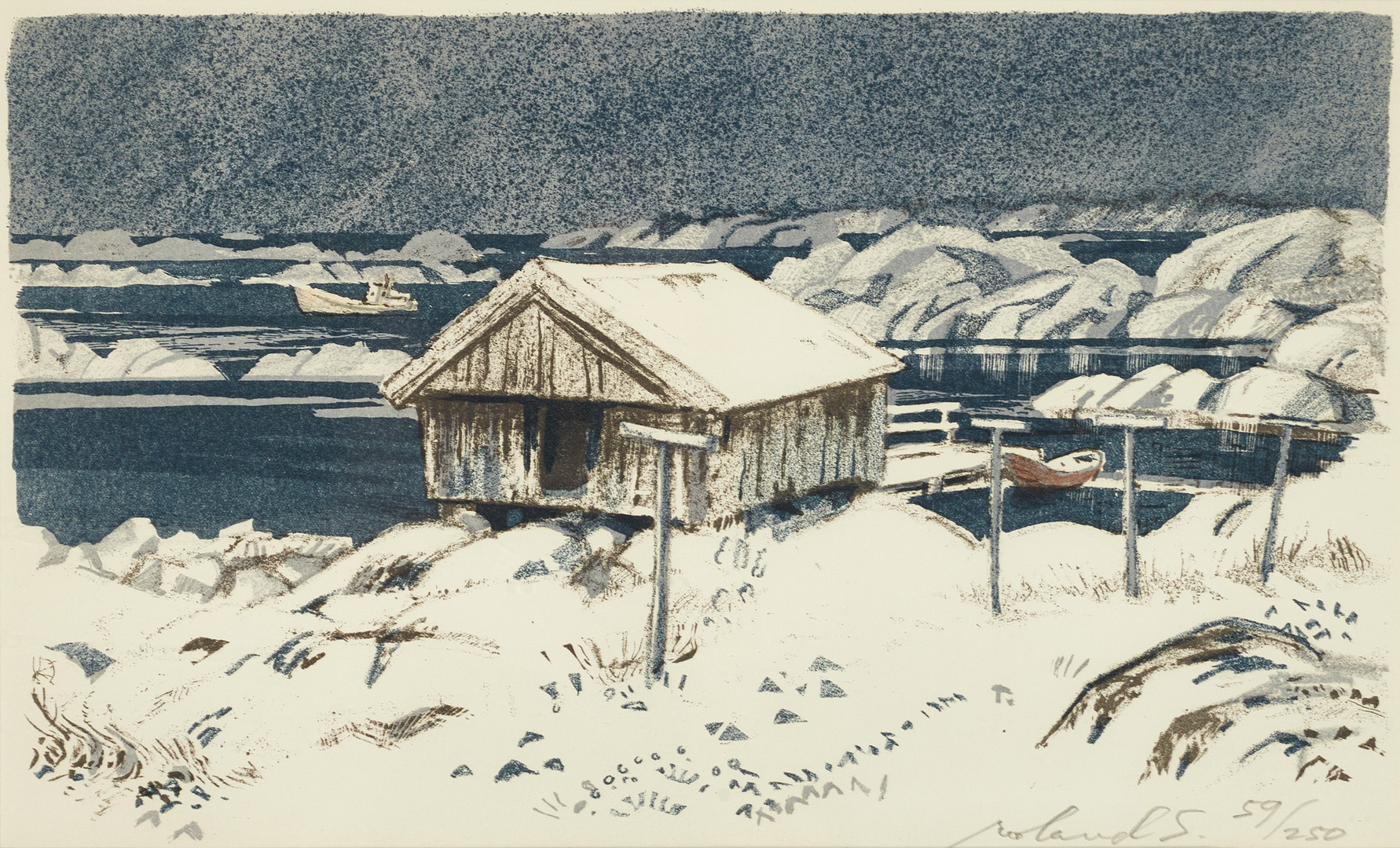 ROLAND SVENSSON (1910-2003). "Utskärsvinter - Saltboden", signerad och numrerad roland S., 59/250, färglitografi.