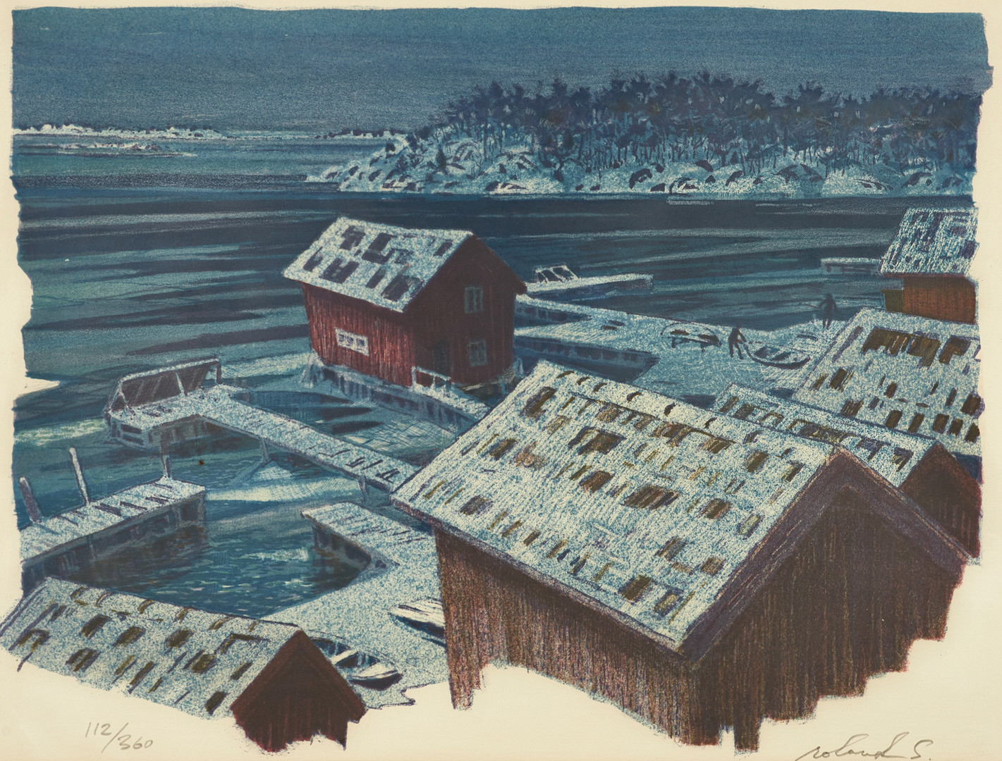 ROLAND SVENSSON (1910-2003). "Vinterskymning, Sandhamn", 1977, signerad roland S., 112/360, färglitografi.