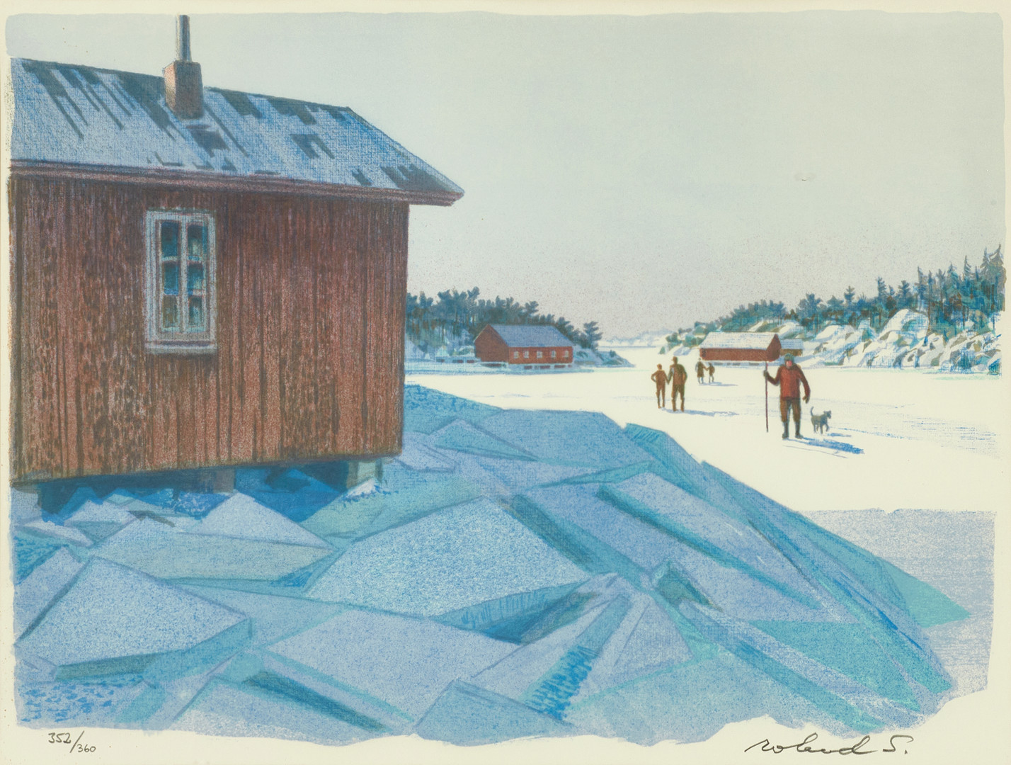 ROLAND SVENSSON (1910-2003). "Söndag på isen, Möja", signerad och numrerad roland S., 352/360, färglitografi.