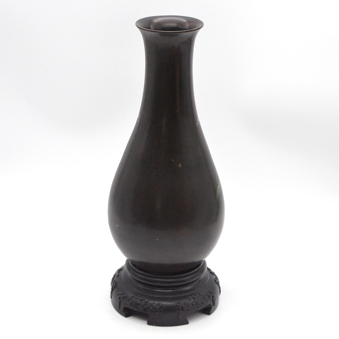 CHINESISCHE VASE, CHINOISERIE-STIL LANDSCHAFT, HOLZ, LACKMALEREI, UM 1970, CHINA.