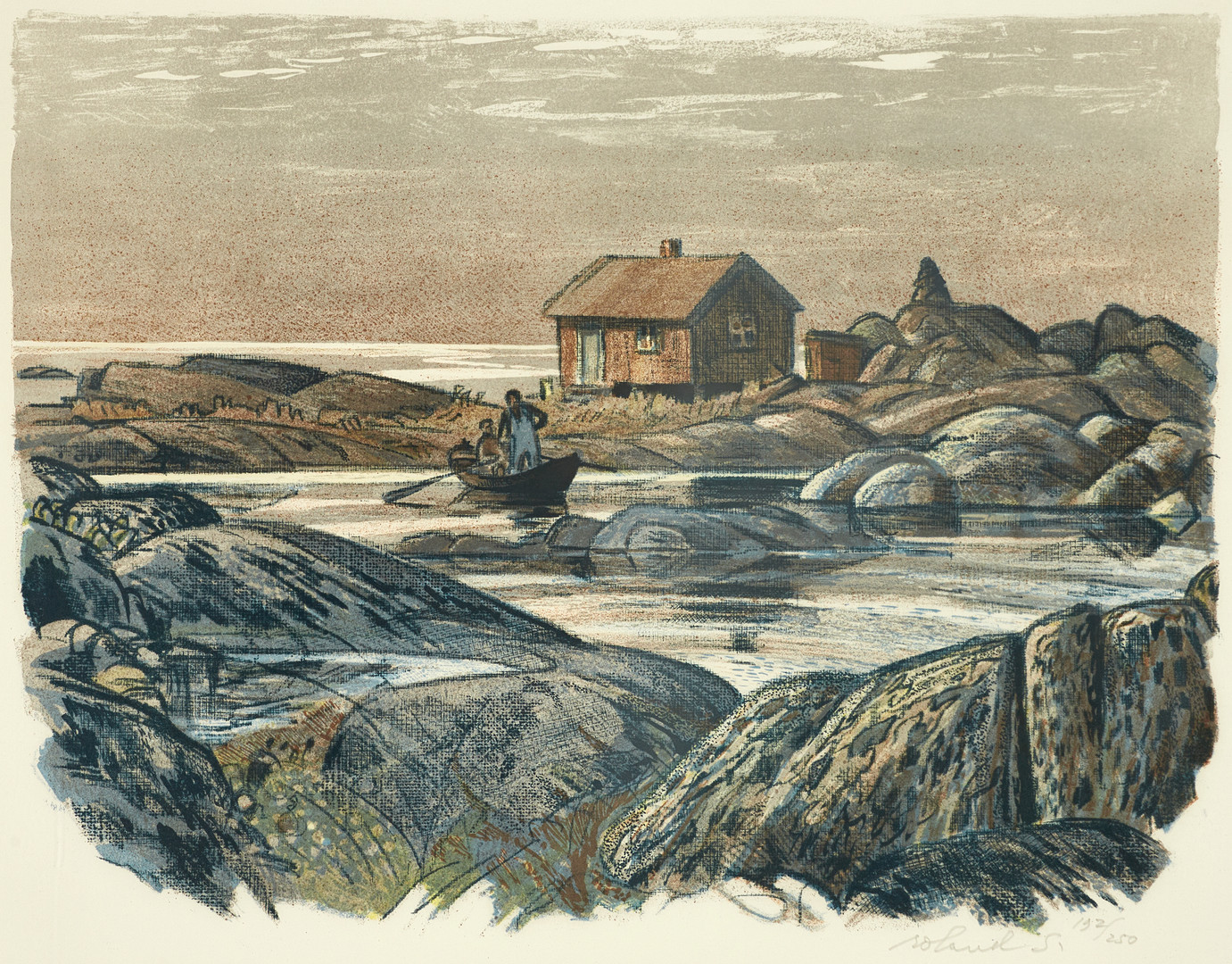 ROLAND SVENSSON (1910-2003). ”Nätbåten, Gillöga", signerad och numrerad roland S. 192/250, färglitografi.