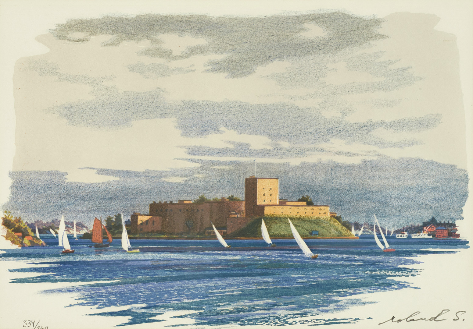 ROLAND SVENSSON (1910-2003). "Waxholms Fästning" ("Vaxholms kastell"), signerad och numrerad roland S., 334/360, färglitografi.