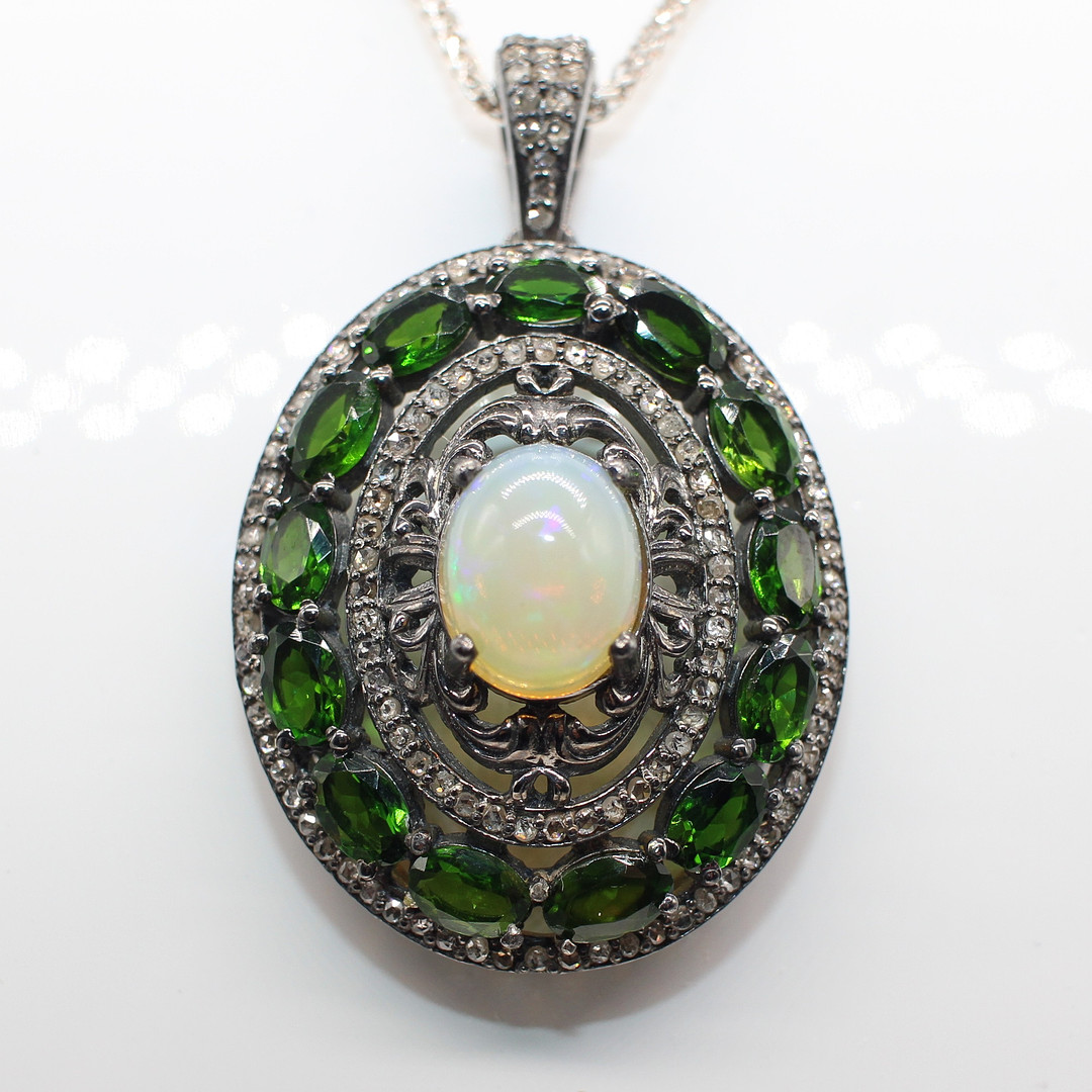 OPAL, DIAMOND & DIOPSIDE PENDANT NECKLACE.
