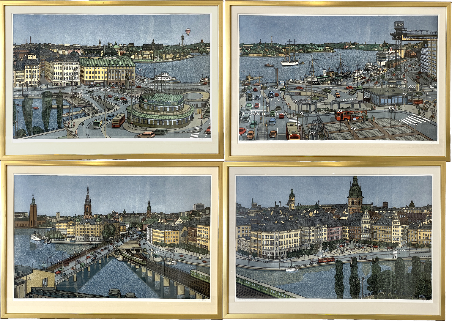 SVENOLOV EHRÉN. Färglitografier, 4 st, Slussenpanorama, signerade, daterade -94 samt numrerade.
