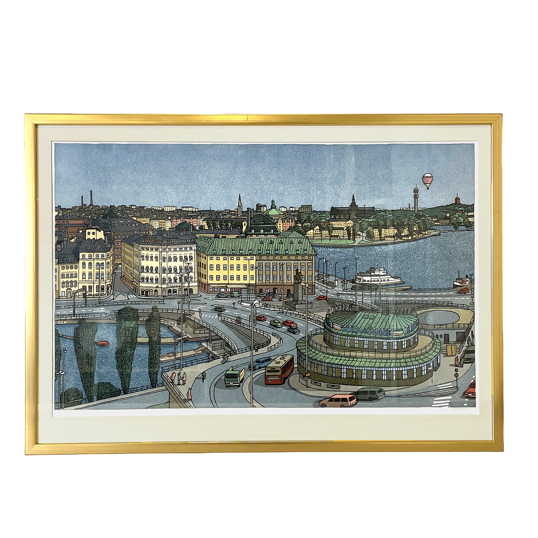 SVENOLOV EHRÉN. Färglitografier, 4 st, Slussenpanorama, signerade, daterade -94 samt numrerade.
