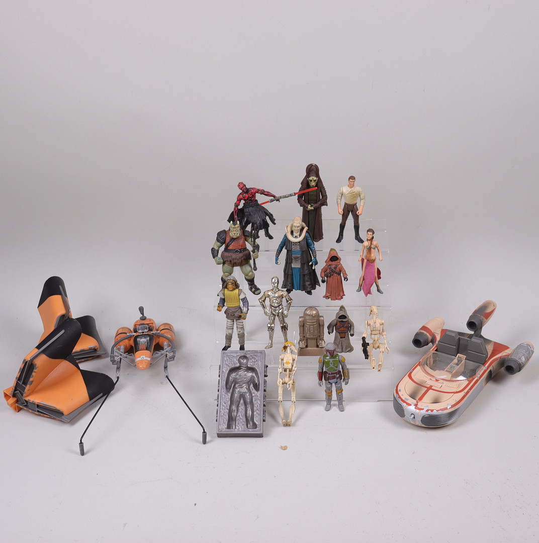 STAR WARS, figurer och fordon, Boba Fett 1979, Leia, Sandspeeder, Darth Maul, C-3PO mm.