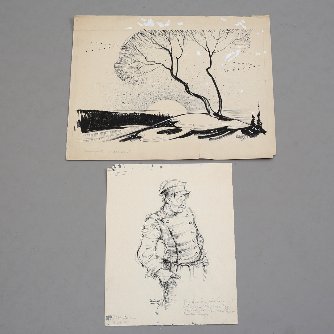 BIRGER OHLSSON. Teckningar, 2 st, tusch samt blandteknik, görlagor till illustrationer, signerade.
