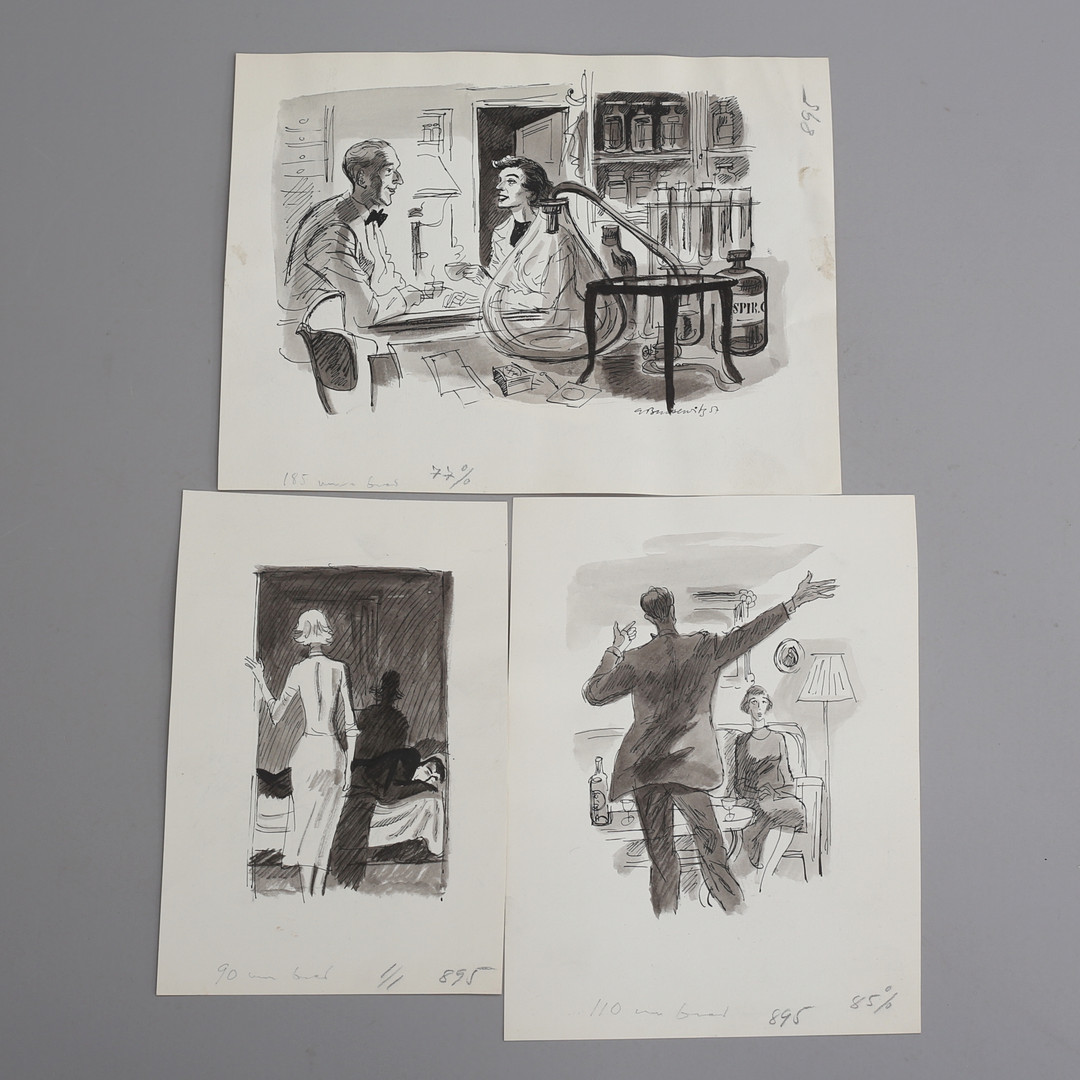 GUNNAR BRUSEWITZ. Teckningar, 3 st, blandteknik, förlagor till illustrationer, en av dem signerad.