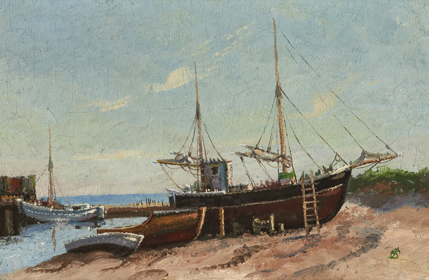 JENS SINDIN CHRISTENSEN (DANMARK, 1888-1980). Fiskebåt vid strandkant, monogramsignerad CSJ, olja på duk.