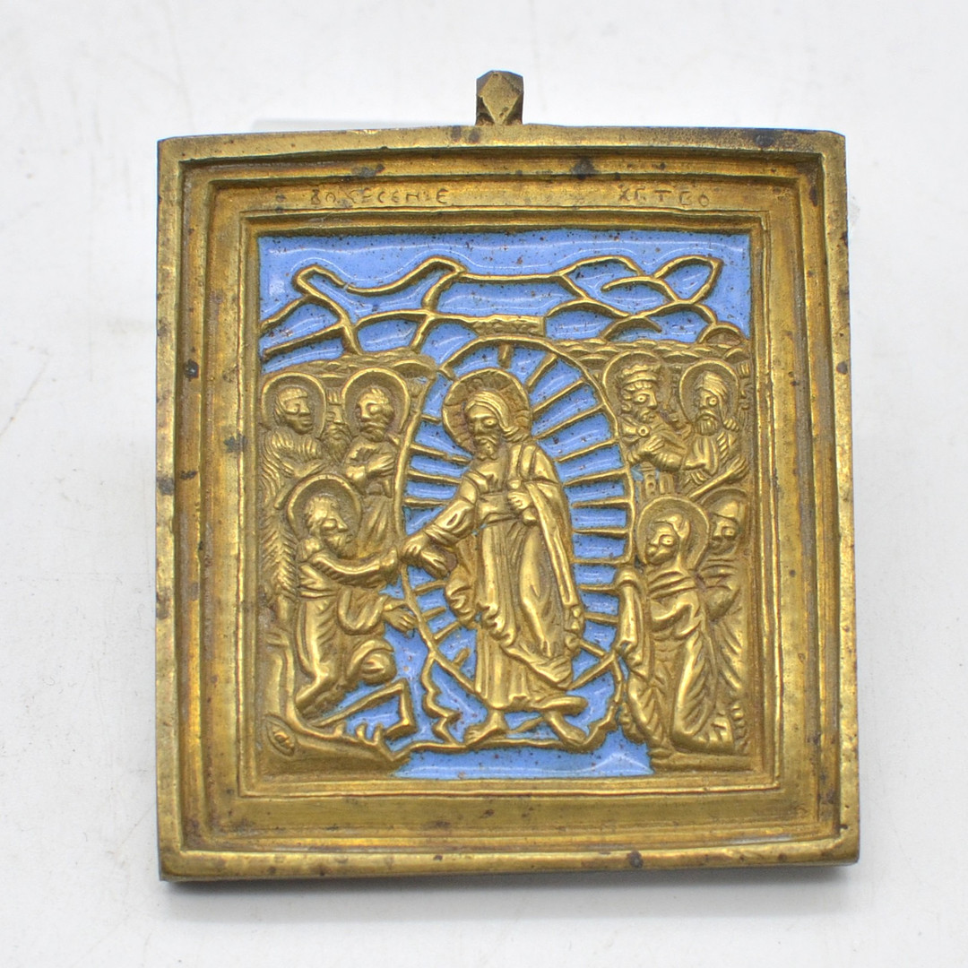 RUSSISCHE IKONE, DIE AUFERSTEHUNG CHRISTI, BRONZE, EMAILLIERT, UM 1900.