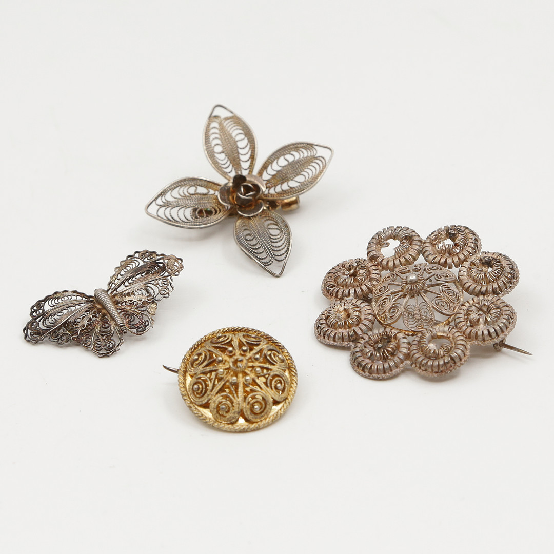 BROSCHER, 4 ST, FILIGRANARBETE, SILVER, TIDIGT 1900-TAL.