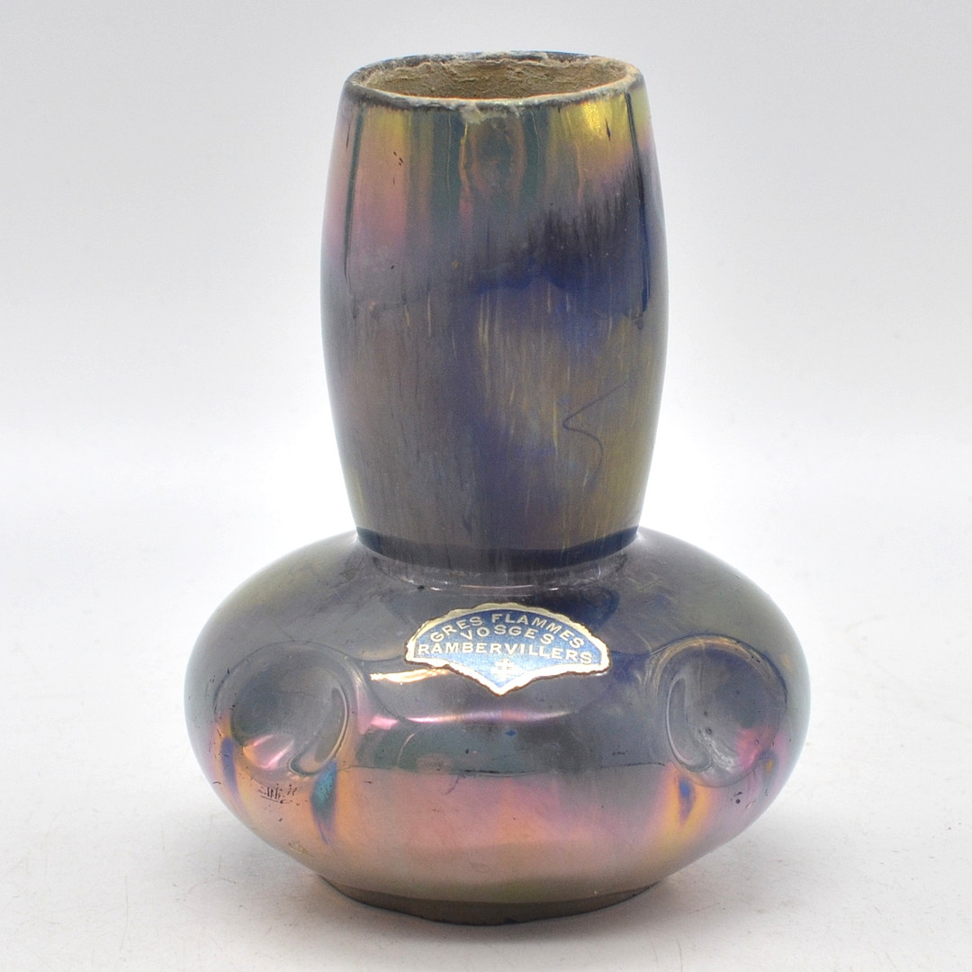 RAMBERVILLERS VOSGES, VASE, GEFLAMMTER SANDSTEIN, MIT ETIKETT UND BODENMARKE, UM 1910ER JAHRE.