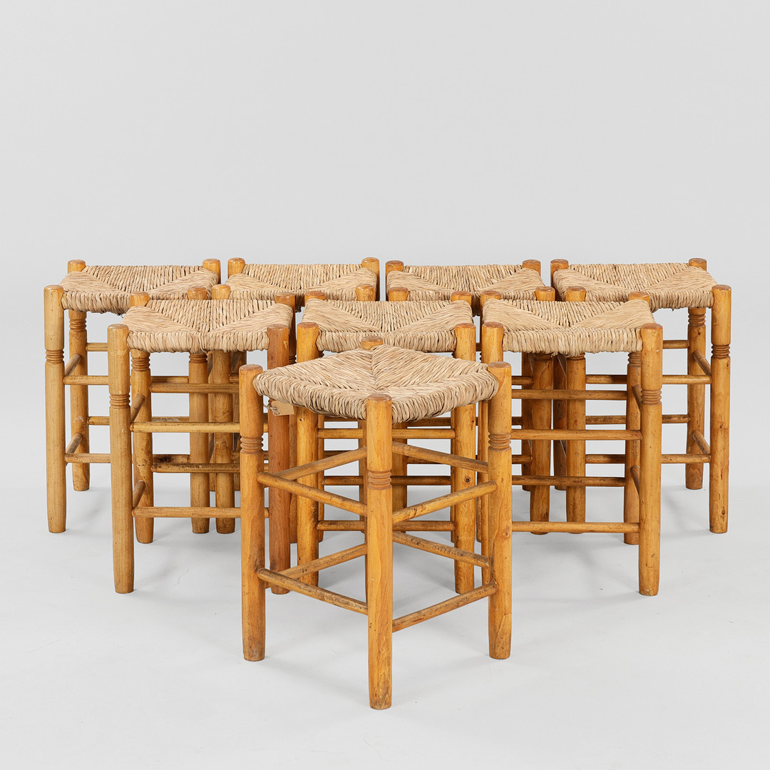 Set of eight stools, frames in light wood, seats in natural fibres, (8).