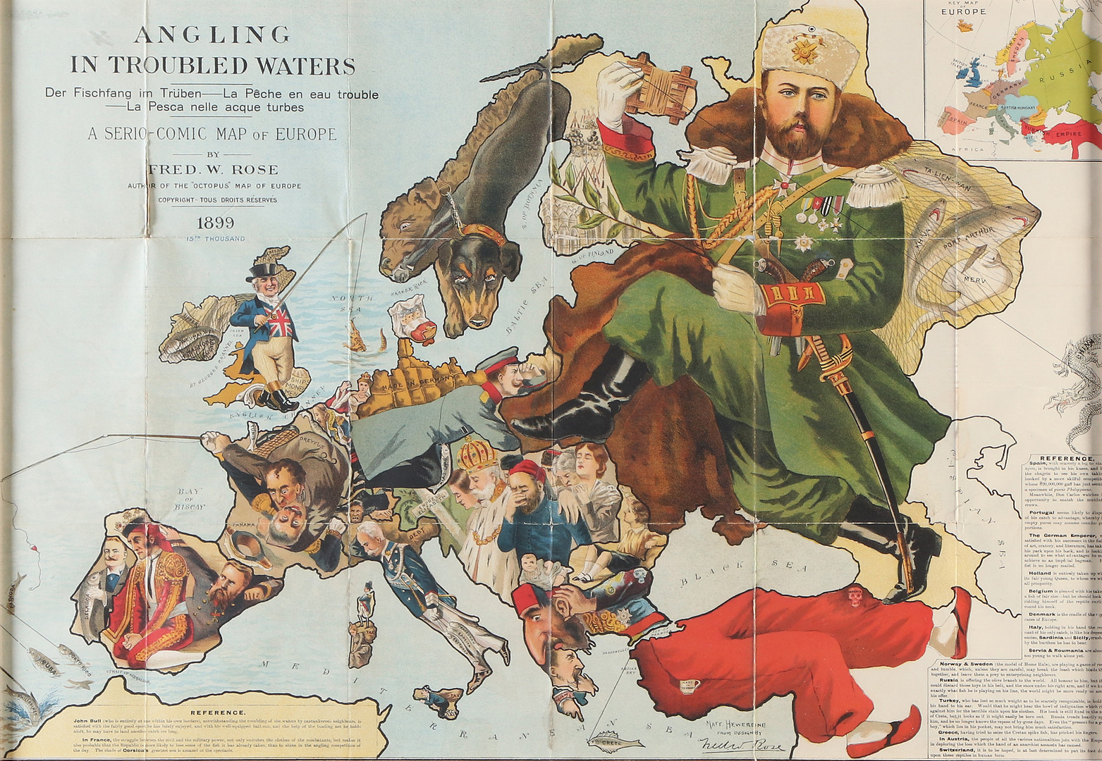 FRED ROSE. Litograferad karta. "Angling in Troubled Waters - A Serio-Comic Map of Europe". 1899, 15th thousand.