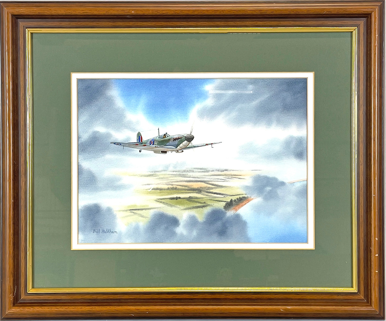 BILL HOLKHAM (England, samtida), akvarell, Spitfire, signerad.