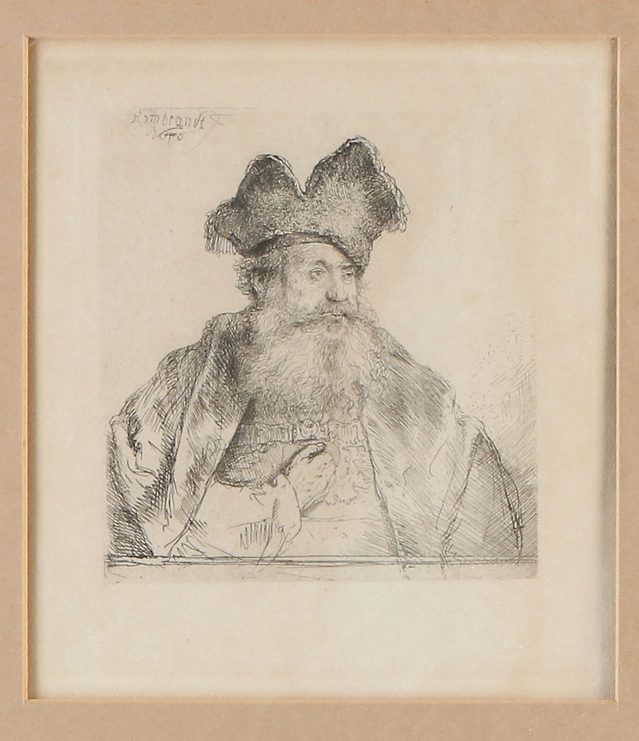 REMBRANDT  VAN RIJN. EFTER. Etsning. "Old man with divided fur hat". Signerad i trycket. Senare avdrag.