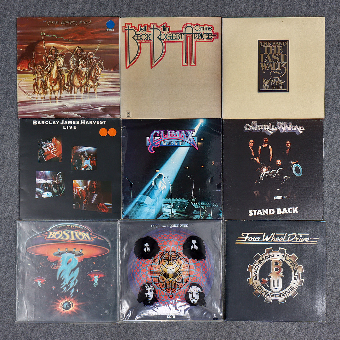 9 LP-SKIVOR, CLIMAX, BECK BOGERT & APPICE, THE BAKER GURVITZ ARMY, EDGAR BROUGHTON BAND, BOSTON, BACHMAN-TURNER OVERDRIVE, APRIL WINE, BARCLAY JAMES HARVEST, THE LAST WALTZ.