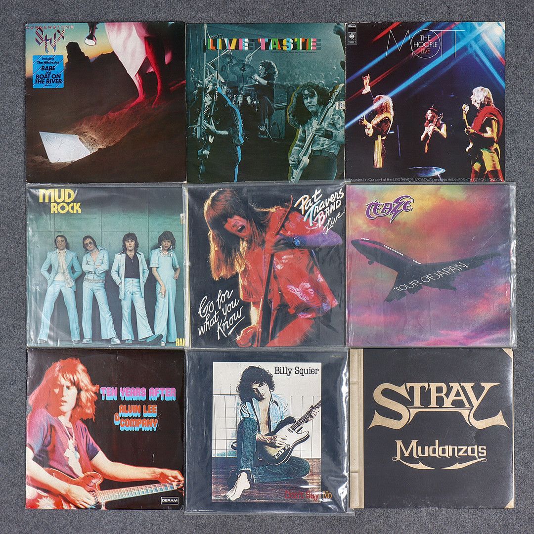 9 LP-SKIVOR, CORNERSTONE & STYX, MUDANZAS BILLY SQUIER, TEN YEARS AFTER, TEAZE, PAT TRAVERS, MUD ROCK, MOTT THE HOOPLE, LIVE TASTE.
