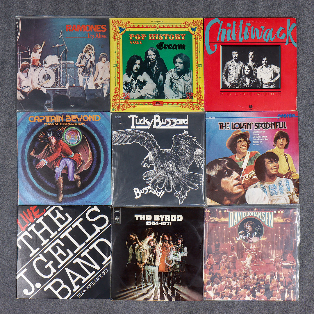 9 LP-SKIVOR, RAMONES, THE J. GEILS BAND, DAVID JOHANSEN, THE LOVIN' SPOONFUL, THE BYRDS, BUZZARD, CAPTAIN BEYOND, CHILLIWACK, CREAM.