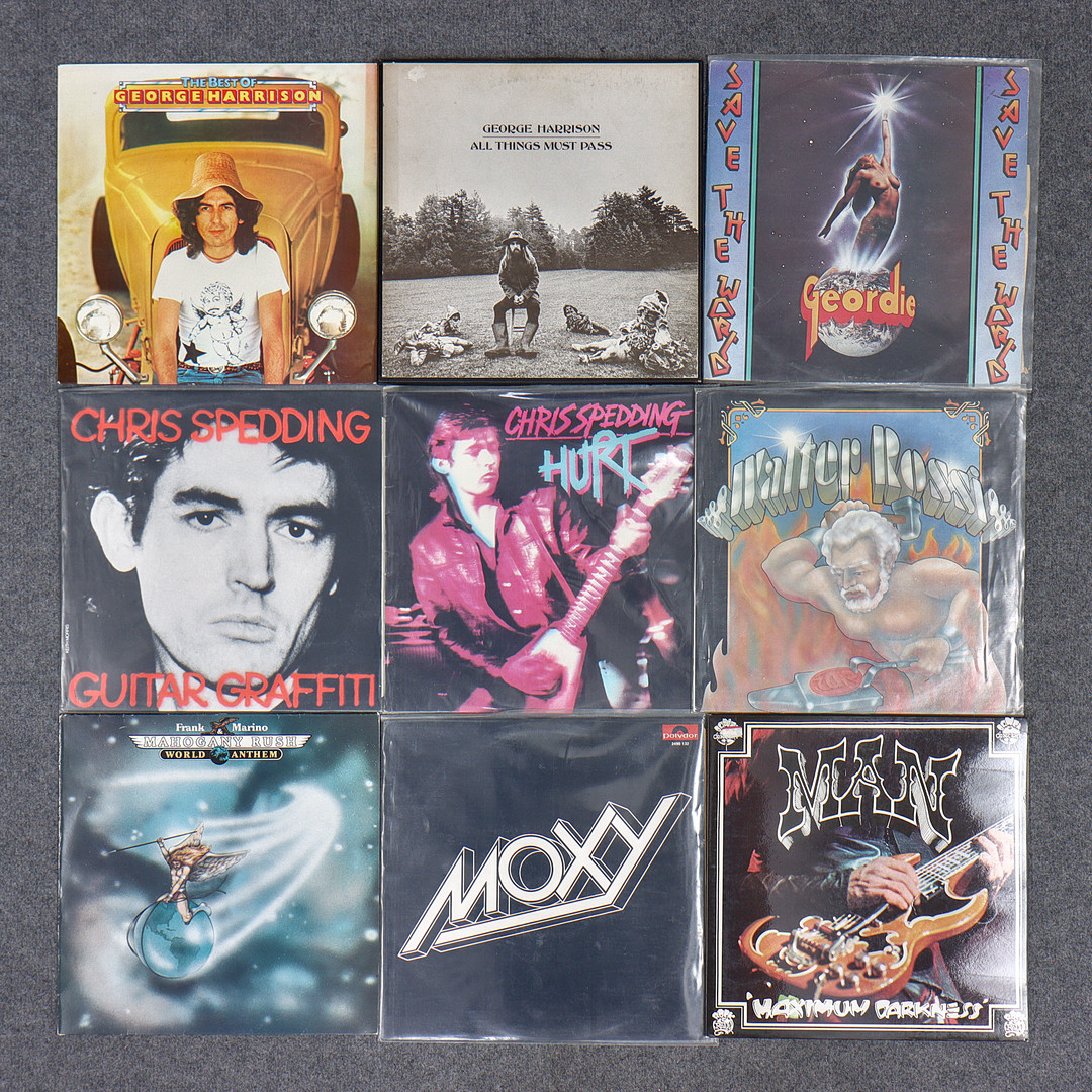 9 LP-SKIVOR, MOXY, MAN, FRANK MARINO & MAHOGANY RUSH, WALTER ROSSI, GEORDIE, CHRIS SPEDDING, GEORGE HARRISON.