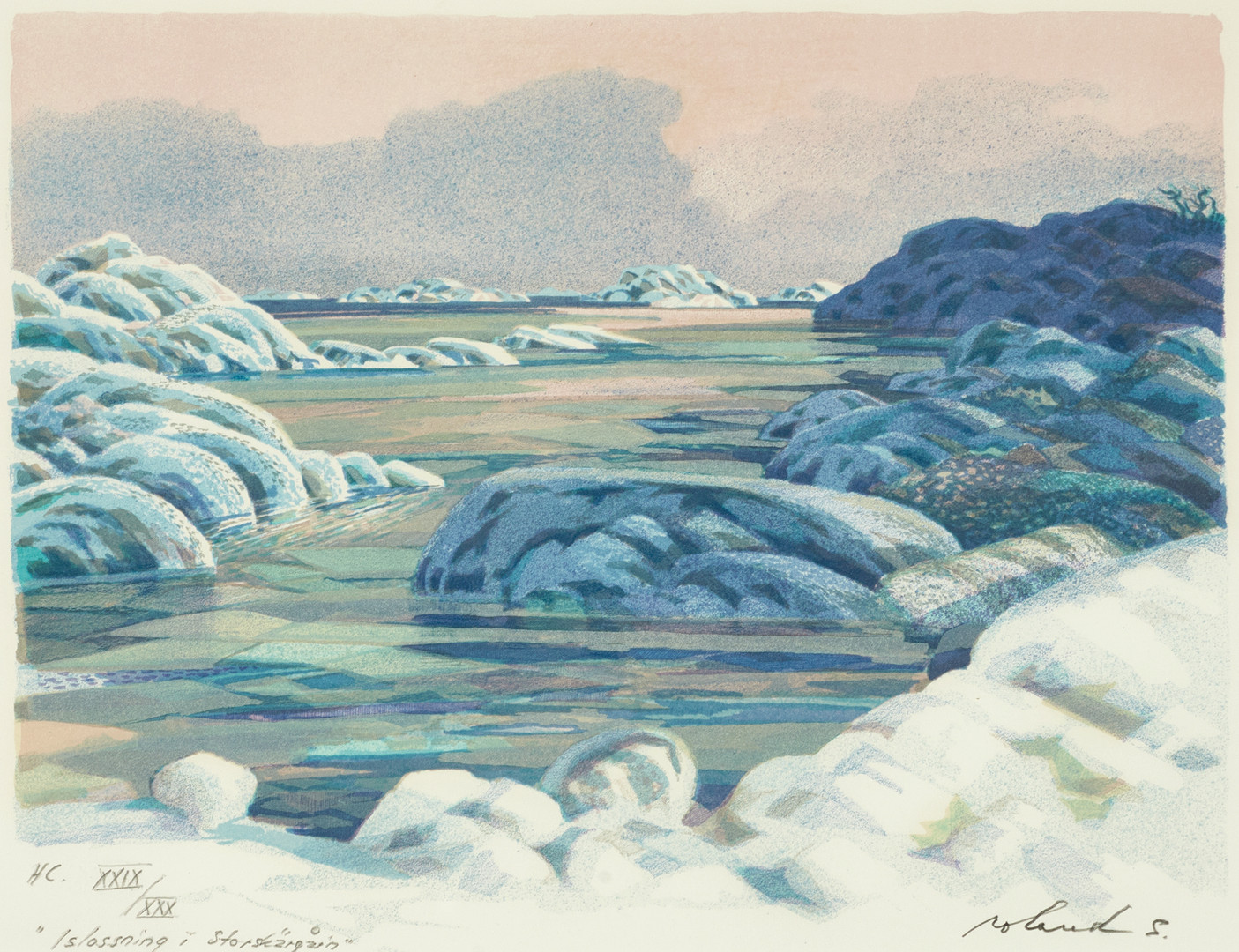 ROLAND SVENSSON (1910-2003). "Islossning i storskärgårn", signerad och numrerad roland S., H.C. XXIX/XXX, färglitografi.