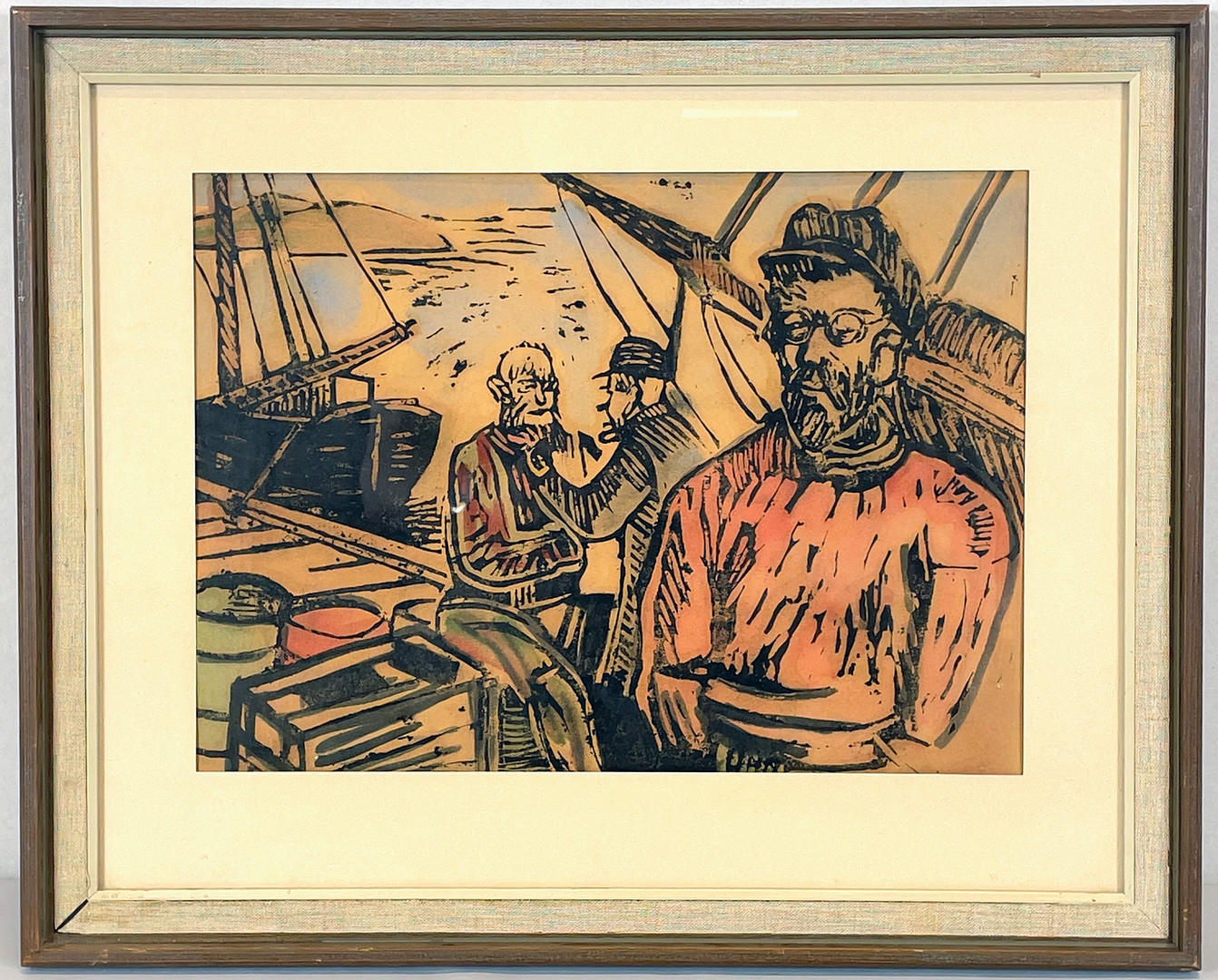 ALBERT ENGSTRÖM. Handkolorerat träsnitt, "Fiskegubbar" med självporträtt.