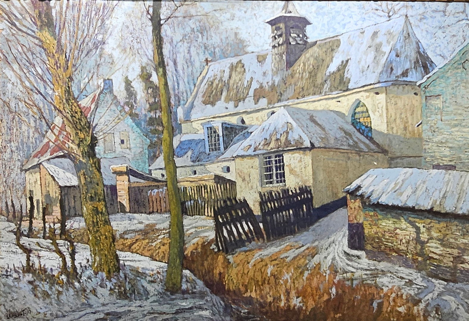 LÉON LONDOT (1876–1953). Pueblo de Suecia, óleo sobre cartón.