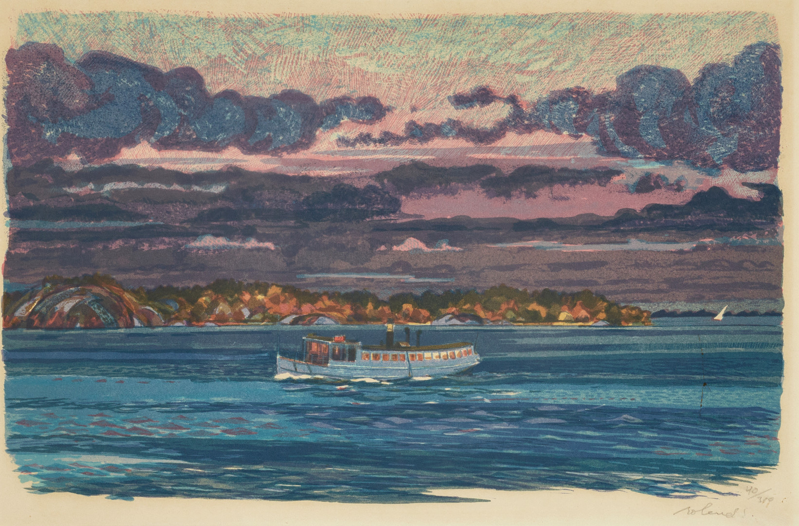 ROLAND SVENSSON (1910-2003). "Passbåten", signerad och numrerad roland S., 40/310, färglitografi.
