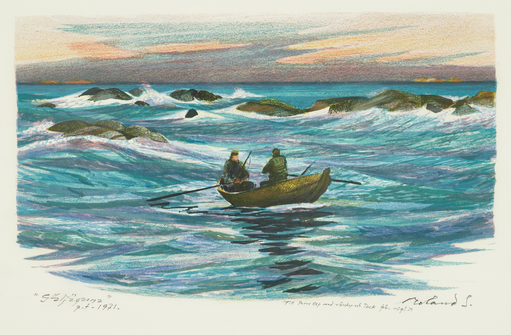 ROLAND SVENSSON (1910-2003). "Säljägarna"("Jägarna", "The Hunters"), signerad roland S., P.t, 1971, med dedikation, färglitografi.