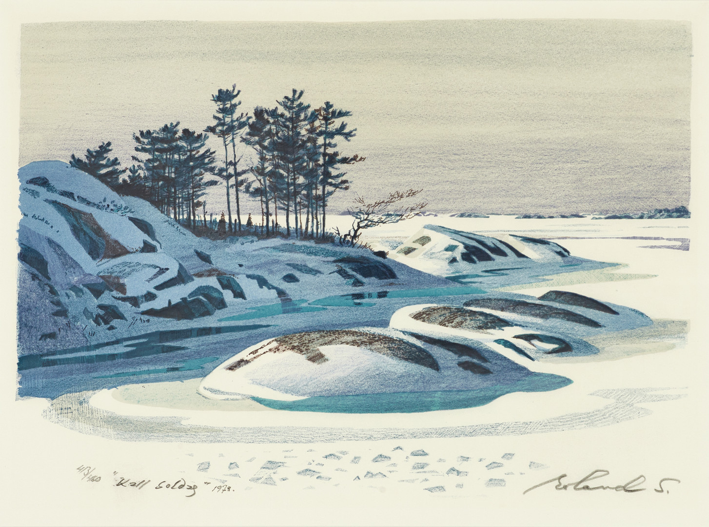 ROLAND SVENSSON (1910-2003). "Kall soldag", signerad och numrerad roland S. 413/460, daterad 1973, färglitografi.