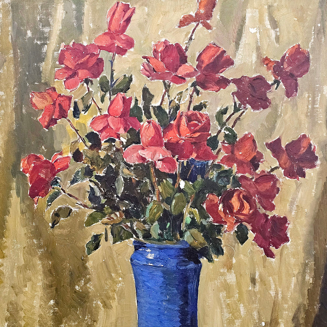 ALBERT RÀFOLS CULLERÉS. "El gerro blau amb roses", óleo sobre lienzo.