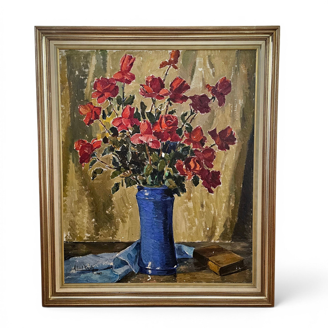 ALBERT RÀFOLS CULLERÉS. "El gerro blau amb roses", óleo sobre lienzo.