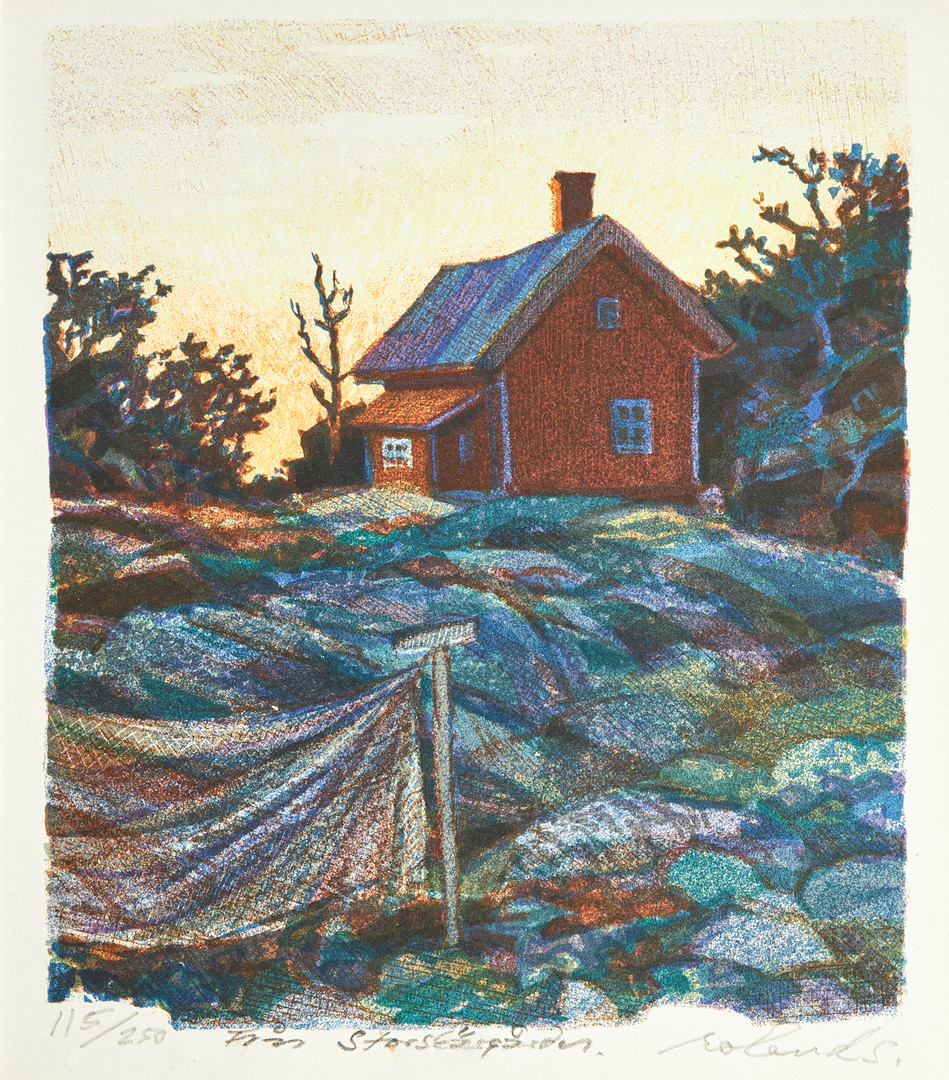 ROLAND SVENSSON (1910-2003). "Bilder och minnen", bibliofilupplaga 1981, 115/250, med en signerad originalfärglitografi ("Från Storskärgårn", löst bifogad), pappbandkassett.