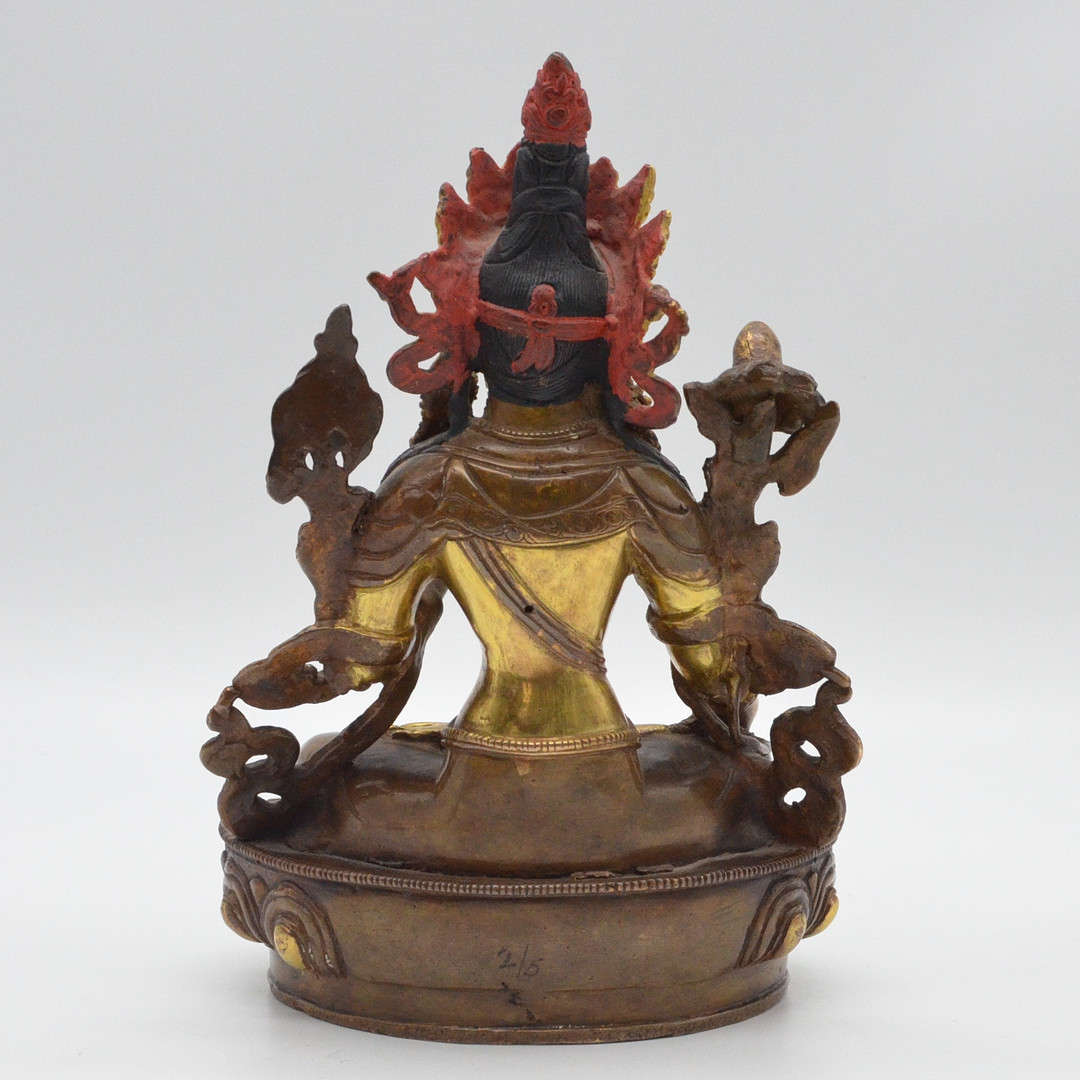 BUDDHA FIGUR "WEISSE TARA", BRONZE - TEILVERGOLDUNG, EMAILLE UND HANDMALEREI, HANDGEMACHT, 19. JAHRHUNDERT.