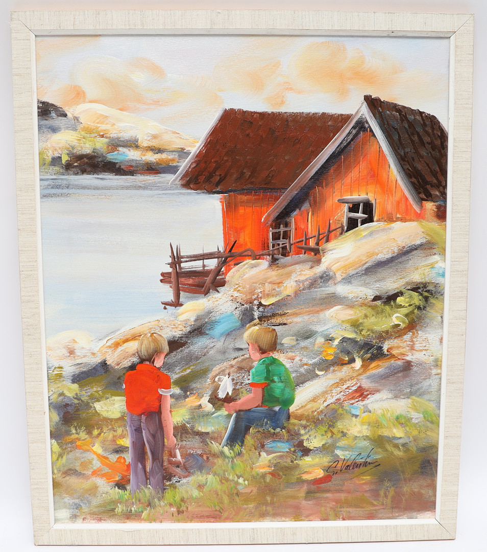 GUNNAR VALENTIN. Barn vid fiskebod, oljemålning på duk, signerad.